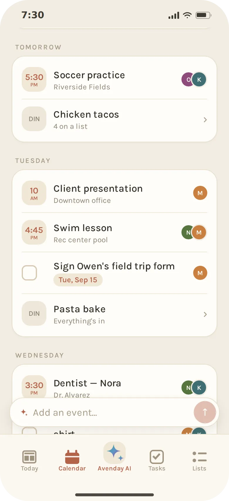 The Calendar screen for the week ahead: Monday’s soccer practice with Owen and Kyle on it, Tuesday’s client presentation, swim lesson, field trip form and pasta bake, and Wednesday’s dentist appointment for Nora with Kyle.