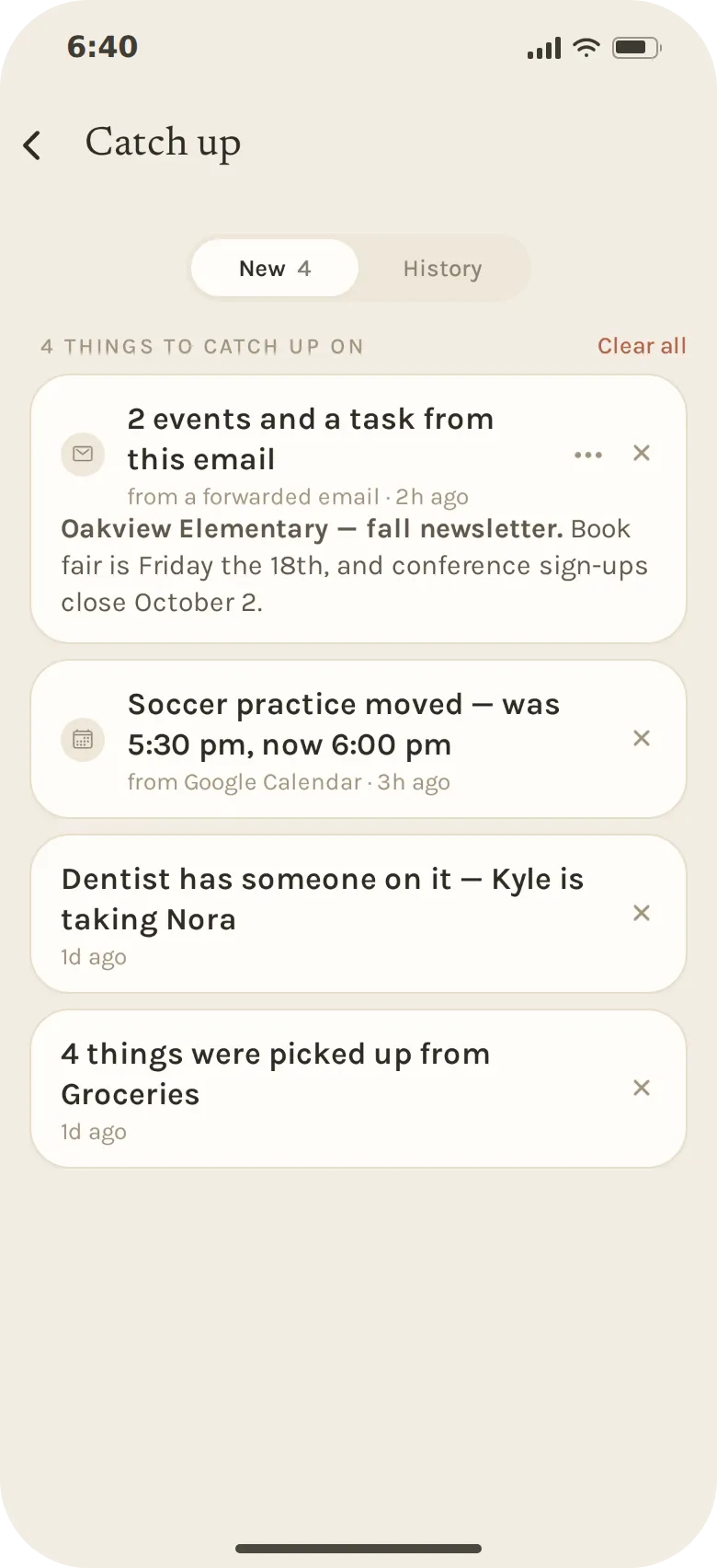 The Catch up screen: two events and a task taken from the Oakview Elementary fall newsletter, soccer practice moved from 5:30 pm to 6:00 pm on Google Calendar, Kyle taking Nora to the dentist, and four things picked up from Groceries.