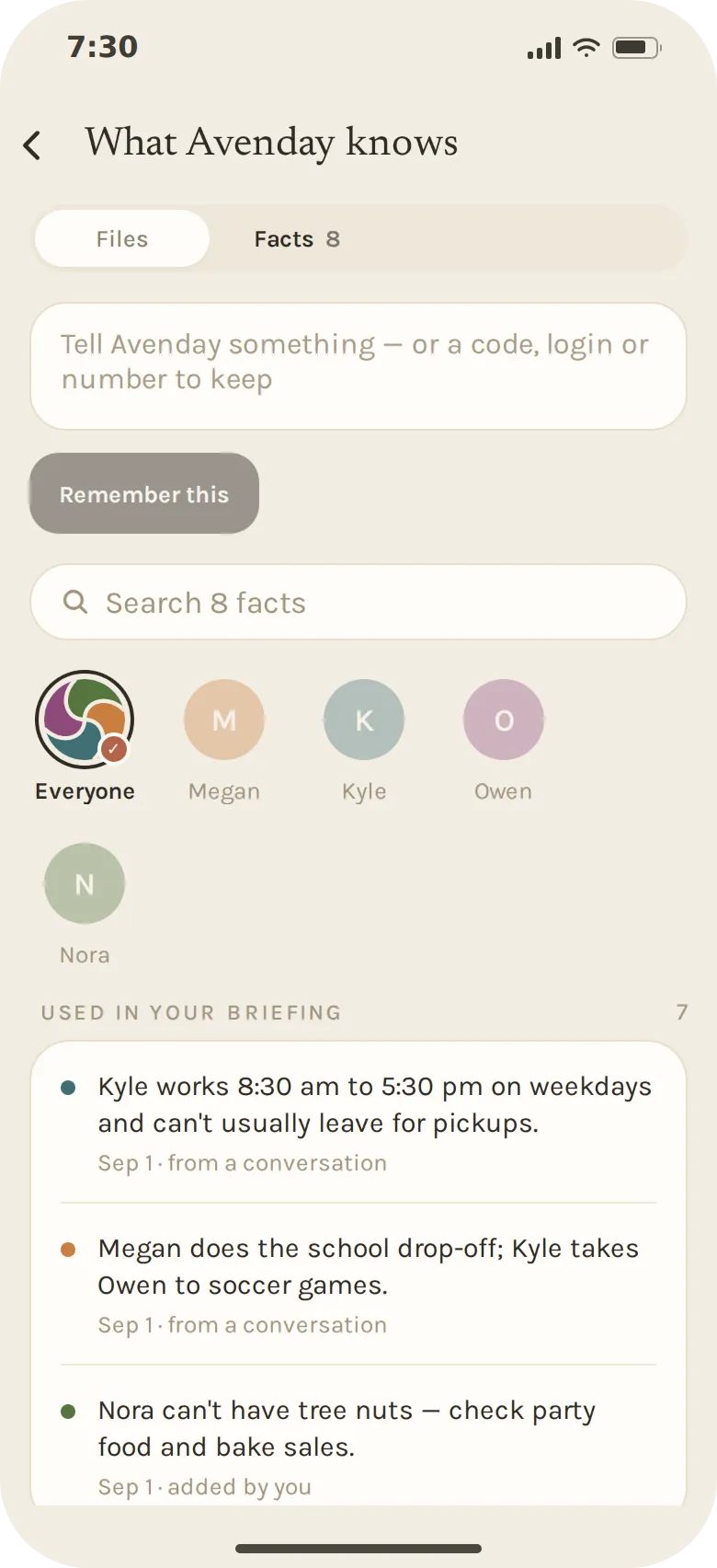 The What Avenday knows screen, on the Facts tab: a field to tell Avenday something, a search, a filter by person, and facts used in the briefing such as Kyle’s working hours and that Nora can’t have tree nuts.