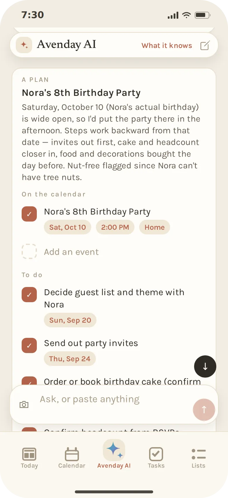 An Avenday AI plan card titled Nora’s 8th Birthday Party: a note on why Saturday, October 10 works, the party on the calendar at 2:00 pm at home, and dated steps such as deciding the guest list by Sunday, September 20 and sending invites by Thursday, September 24.